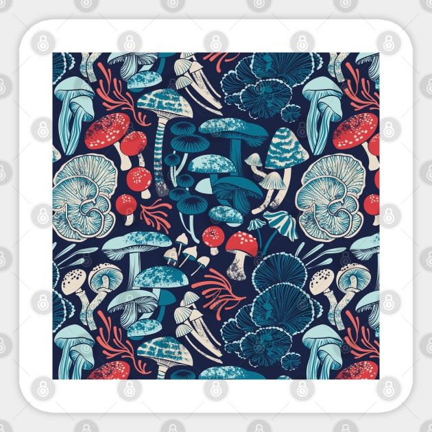 Mystical fungi // midnight blue background aqua teal coral and red wild mushrooms Sticker by SelmaCardoso